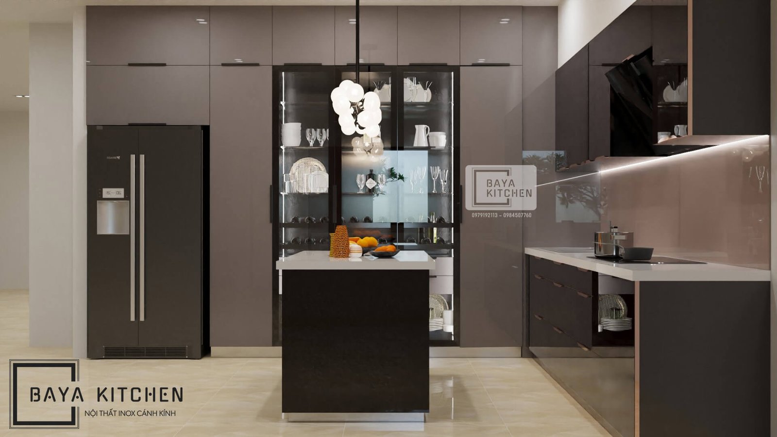 tủ bếp inox cánh kính