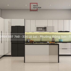Mẫu Tủ bếp inox cánh kính màu trắng sứ - công trình thực tế tại Vinhome Thanh Hóa